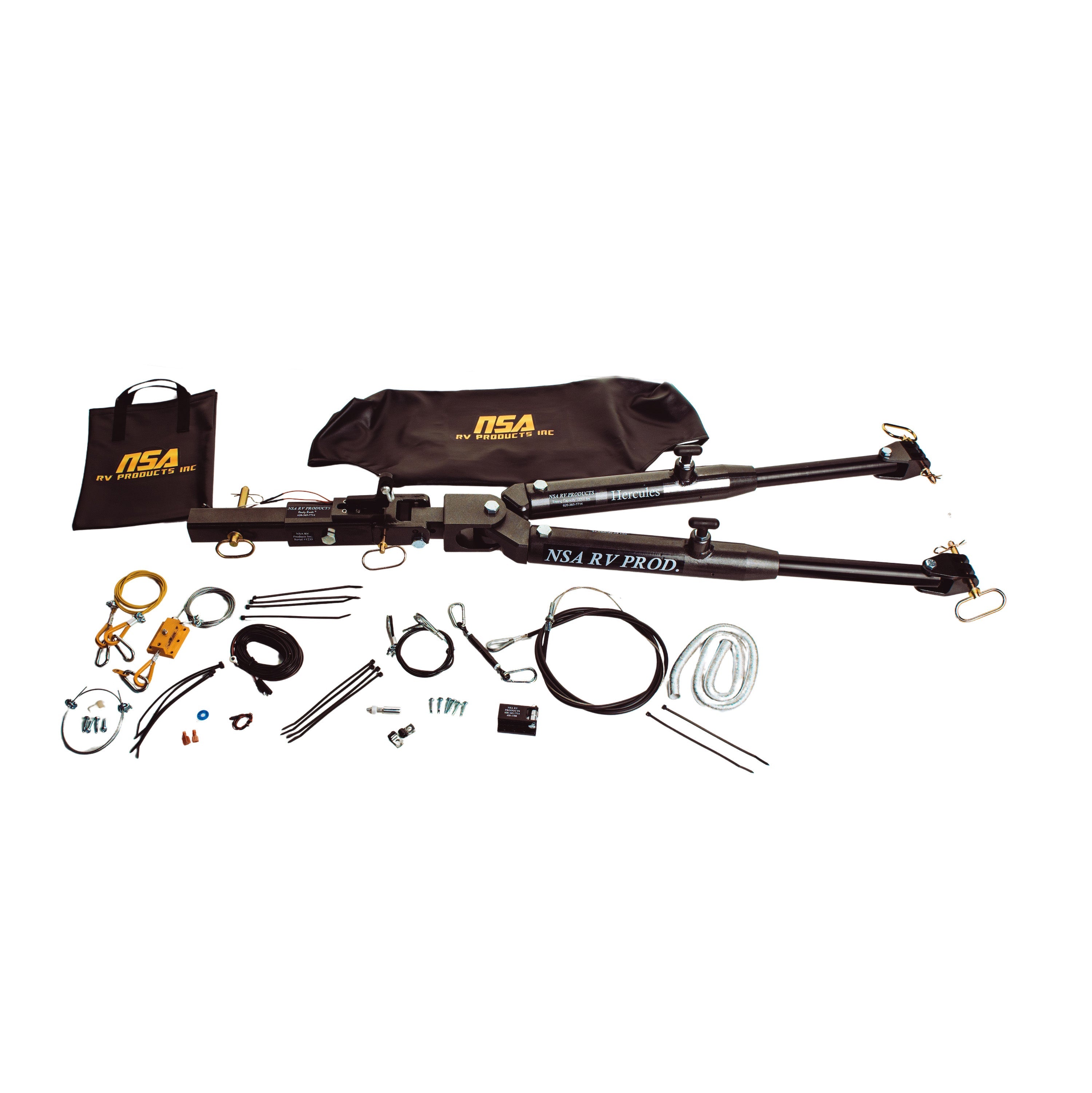 A complete Hercules tow bar kit including a tow bar with non-binding arms, a braking system, baseplate, light wiring, and other accessories laid out on a white background.